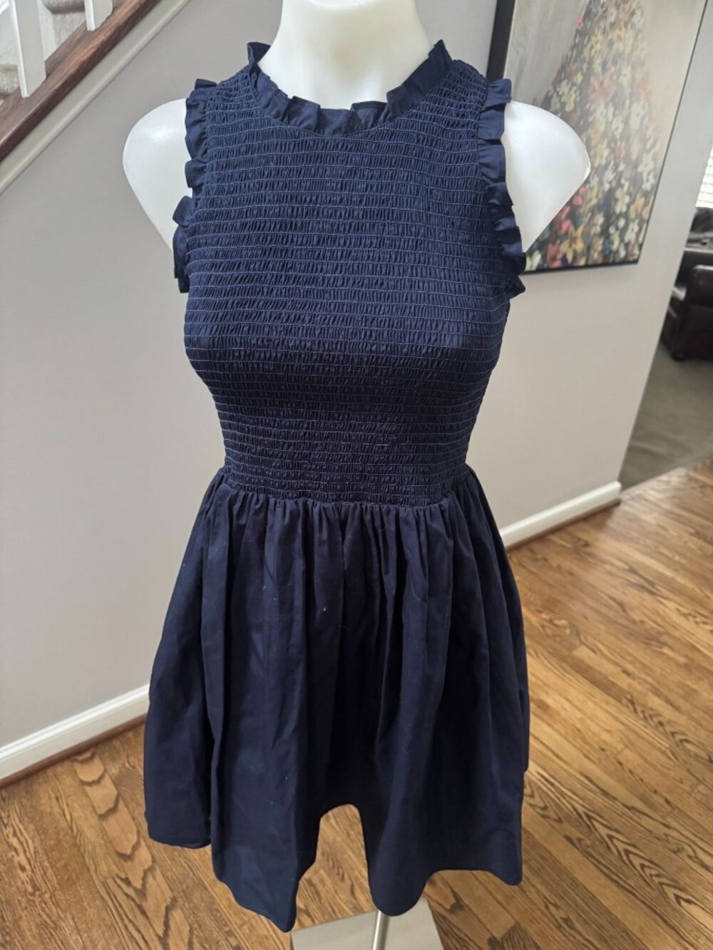 Amanda Uprichard 100% Cotton Smocked Navy Mini Dress Size P XS